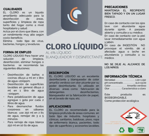 Cloro Líquido al 6% Liquido Blanqueador y Desinfectante