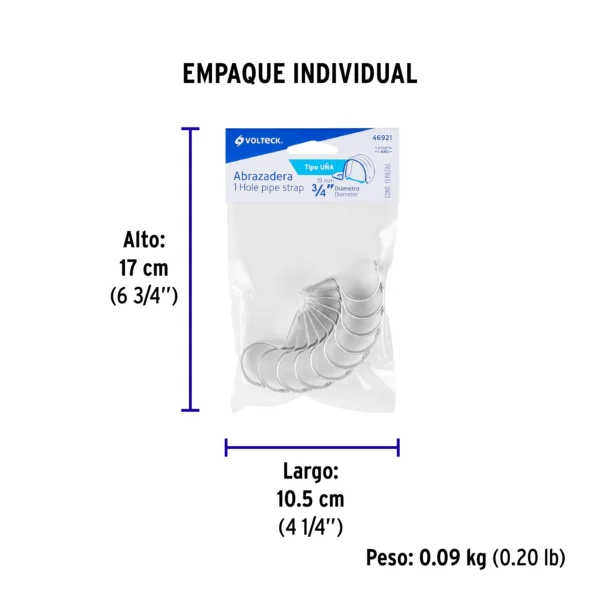 Bolsa c/10 abrazaderas tipo uña 3/4" p/tubo pared delgada