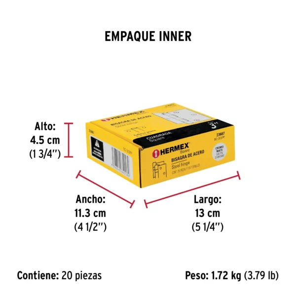 Bisagra cuadrada 3", satinado, cabeza plana