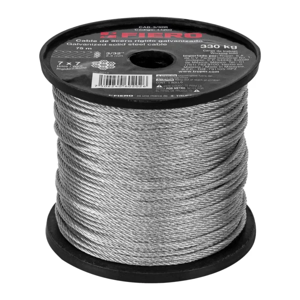 Metro de cable rígido 3/32" de acero 7x7 hilos, 75 m
