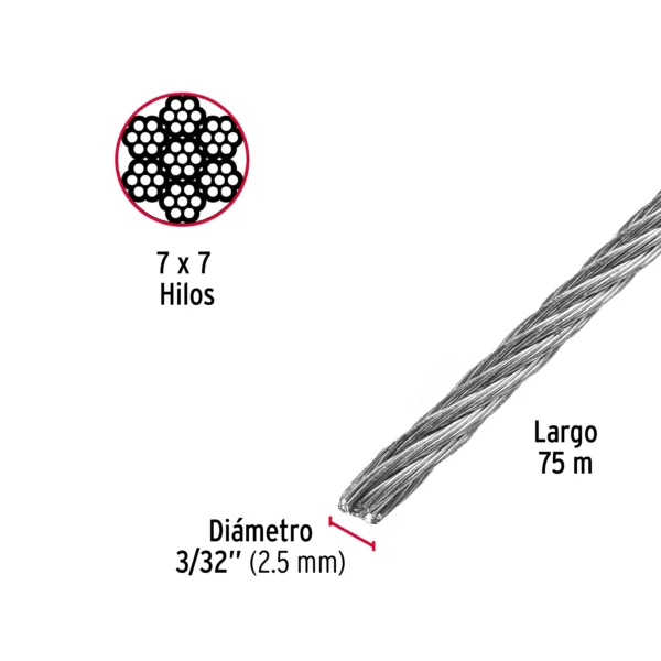 Metro de cable rígido 3/32" de acero 7x7 hilos, 75 m