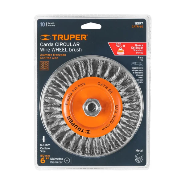 Carda circular 6" alambre trenzado, eje 5/8"-11 (150 mm)