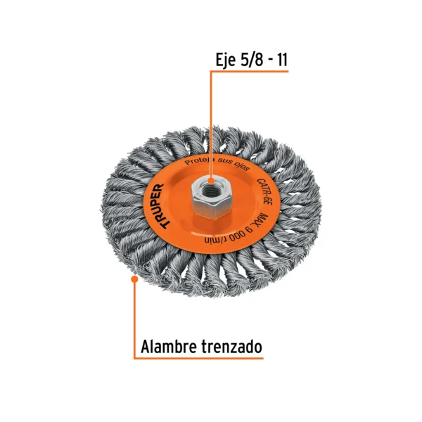 Carda circular 6" alambre trenzado, eje 5/8"-11 (150 mm)