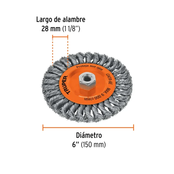 Carda circular 6" alambre trenzado, eje 5/8"-11 (150 mm)