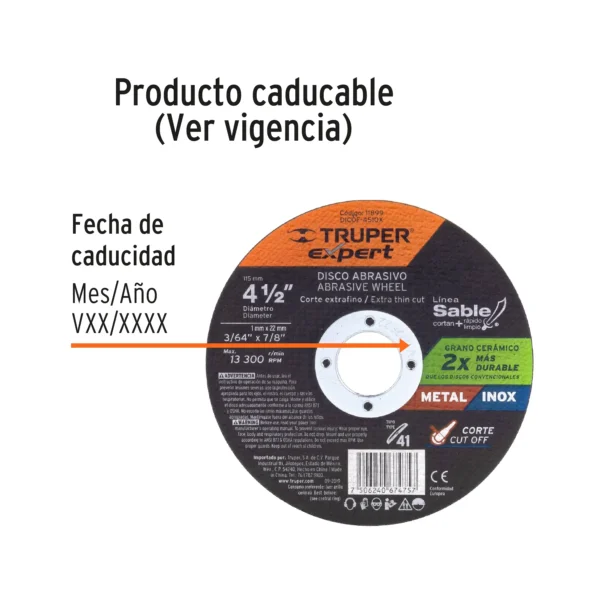Disco Tipo 41 de 4-1/2" x 1 mm corte fino de metal