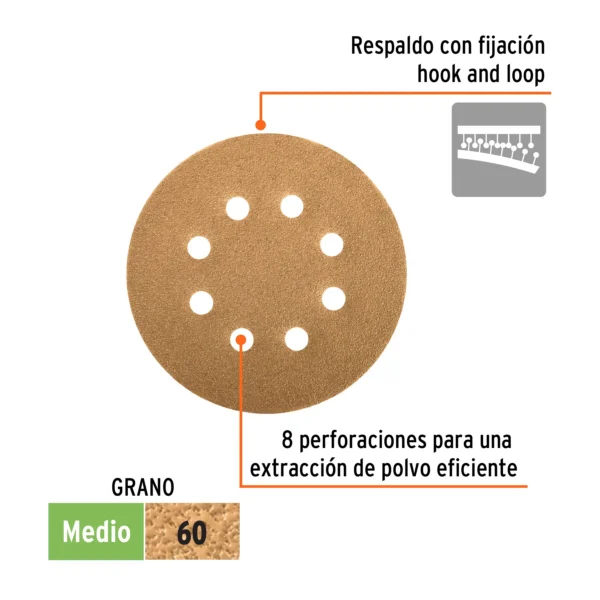 Paquete c/5 discos de lija 5" grano 60, 8 perforaciones