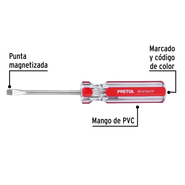 Desarmador plano 3/16 x 3" mango de PVC