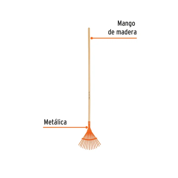 Escoba metálica para jardín, curva, 15 dientes, mango 48"