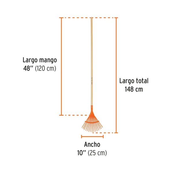 Escoba metálica para jardín, curva, 15 dientes, mango 48"