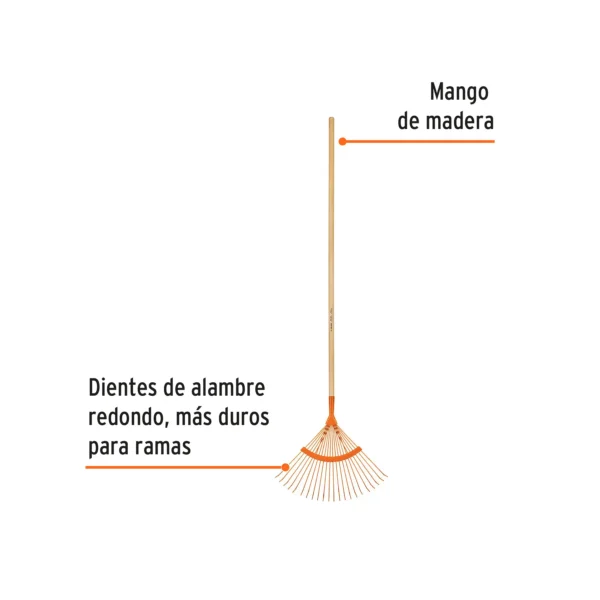 Escoba metálica p/jardín curva, 22 dientes redondos, mango 48"