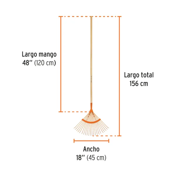 Escoba metálica p/jardín curva, 22 dientes redondos, mango 48"