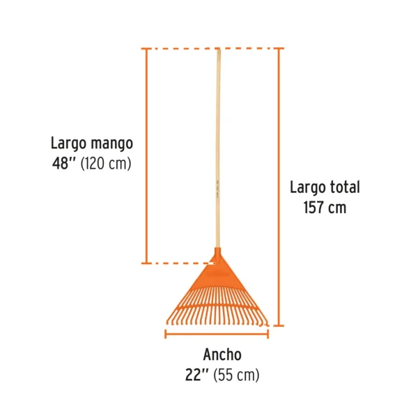 Escoba plástica rígida para jardín, 22 dientes, mango 48"
