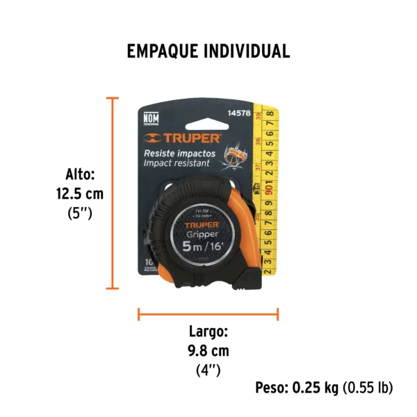 Flexómetro Pinza contra impactos 5 m cinta (19 mm)