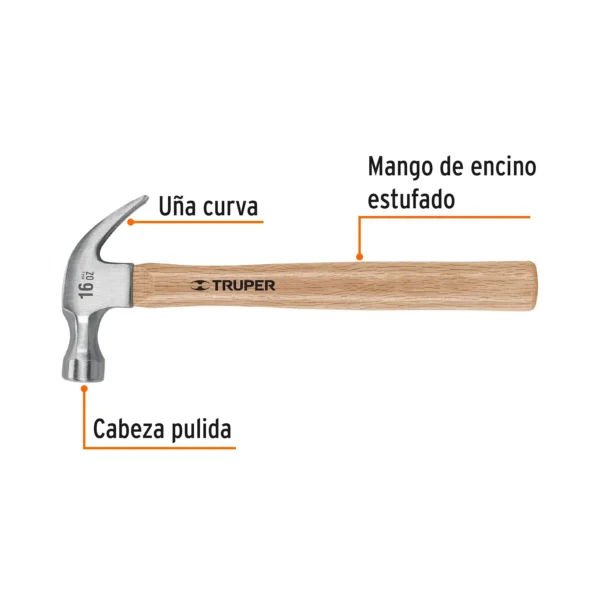Martillo pulido, 16 oz, uña curva, mango madera