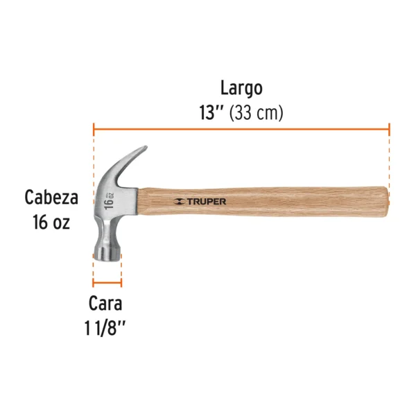 Martillo pulido, 16 oz, uña curva, mango madera
