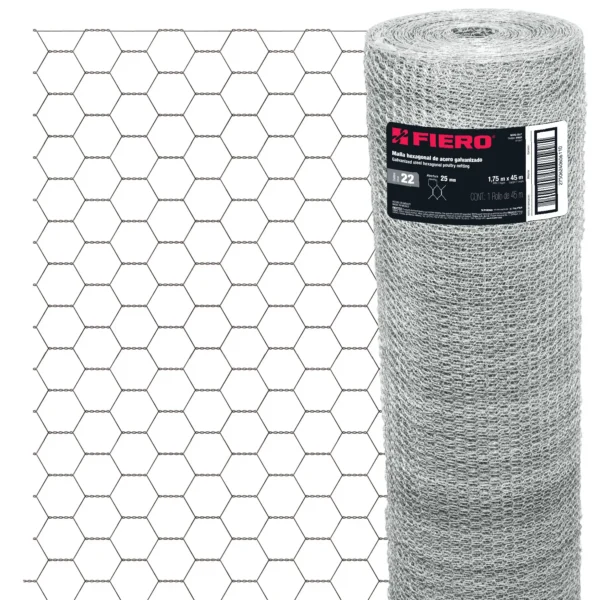 Rollo malla hexagonal cal.22, 1.75x 45m, abertura 25mm, 23kg