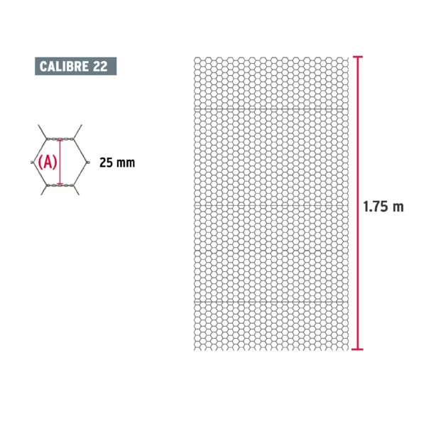 Rollo malla hexagonal cal.22, 1.75x 45m, abertura 25mm, 23kg