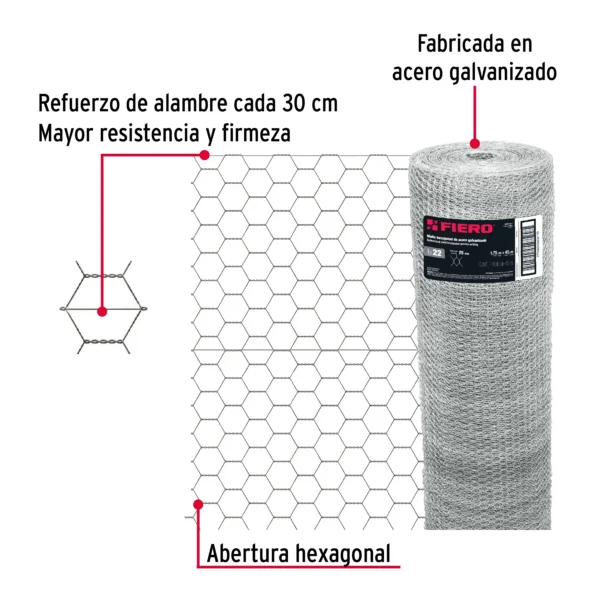 Rollo malla hexagonal cal.22, 1.75x 45m, abertura 25mm, 23kg