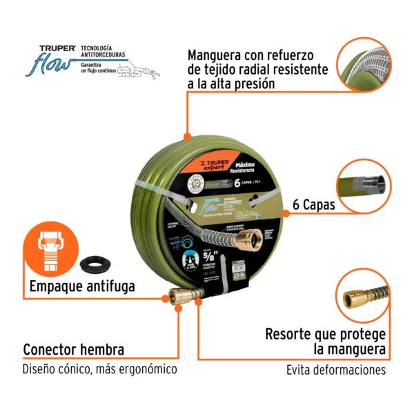 Manguera 5/8" anti-torceduras 6 capas 25m conexiones d/metal