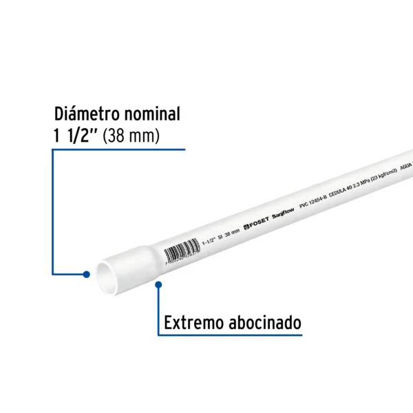 Tubo de 1-1/2" PVC hidráulico cédula 40, 3m, 2.3kg (38 mm)
