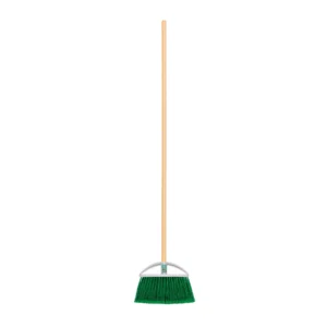 Escoba chica tipo abanico, cerdas de PVC, bastón de madera (21 cm)