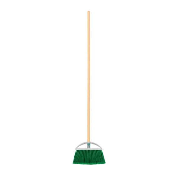 Escoba chica tipo abanico, cerdas de PVC, bastón de madera (21 cm)
