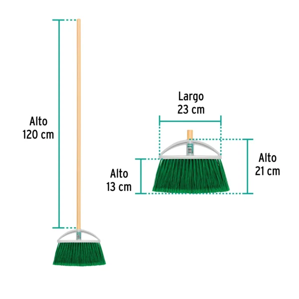 Escoba chica tipo abanico, cerdas de PVC, bastón de madera (21 cm)