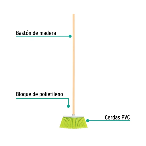 Escoba mediana tipo cepillo, cerdas de PVC, bastón de madera (26 cm)