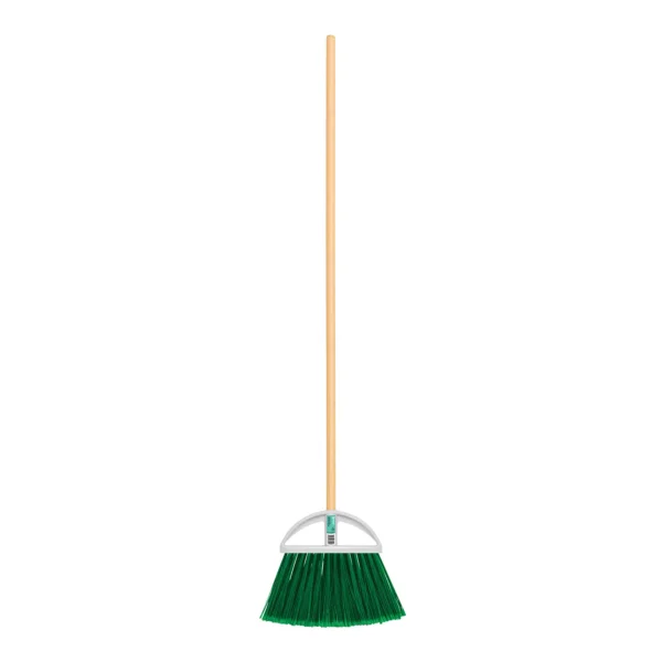 Escoba grande tipo abanico, cerdas de PVC, bastón de madera (27 cm)