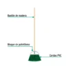 Escoba grande tipo abanico, cerdas de PVC, bastón de madera (27 cm)