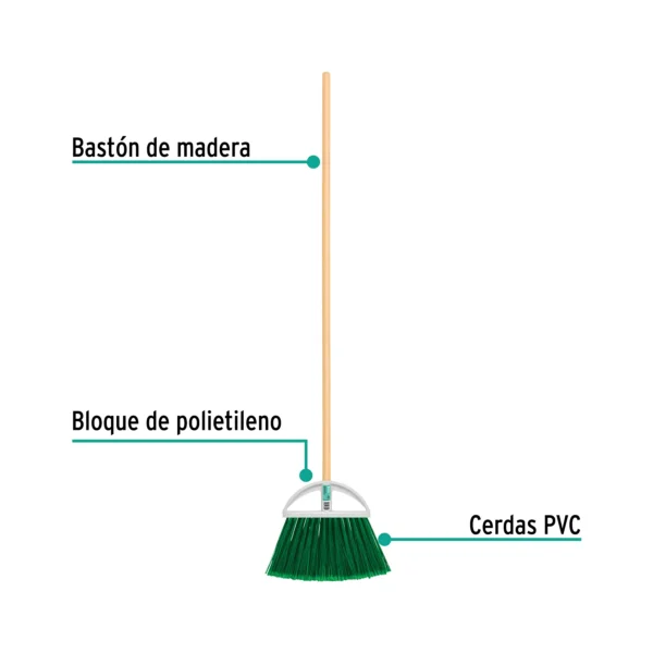Escoba grande tipo abanico, cerdas de PVC, bastón de madera (27 cm)