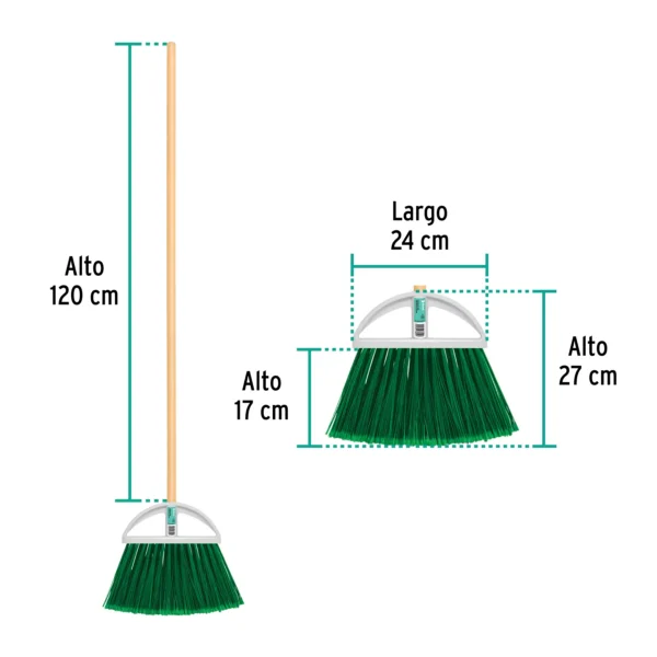 Escoba grande tipo abanico, cerdas de PVC, bastón de madera (27 cm)