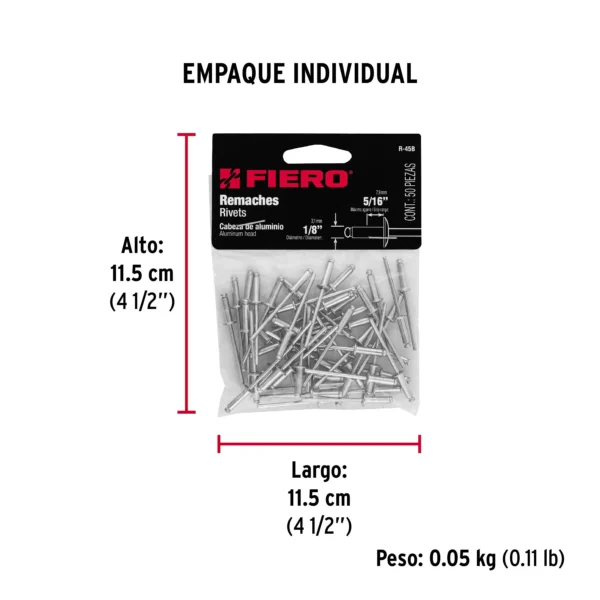 Bolsa con 50 remaches 1/8" x 5/16" de aluminio, ala 1/4"