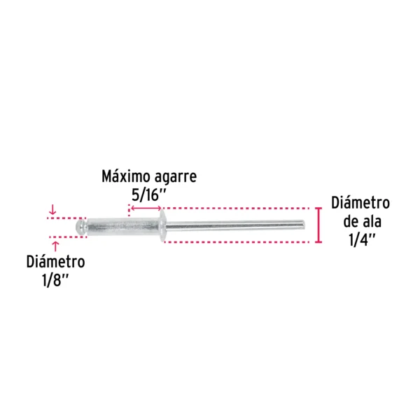 Bolsa con 50 remaches 1/8" x 5/16" de aluminio, ala 1/4"