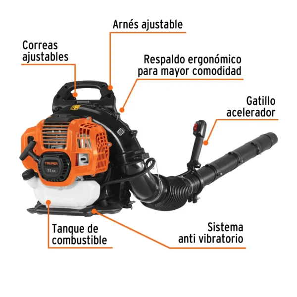 Sopladora con motor de 53cc a gasolina, tipo mochila
